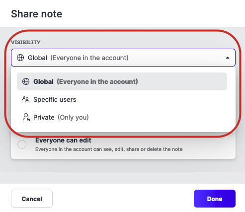 Share note panel with the visibility options highlighted
