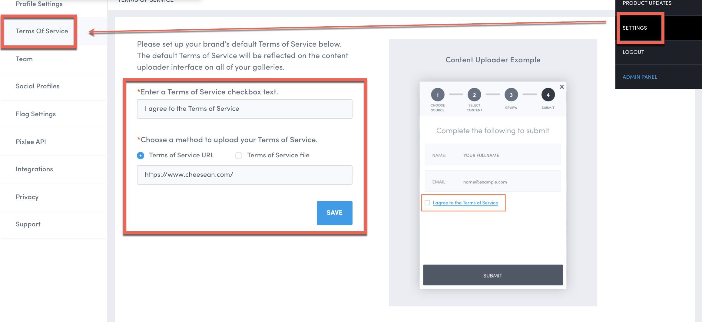 Set up Terms of Service